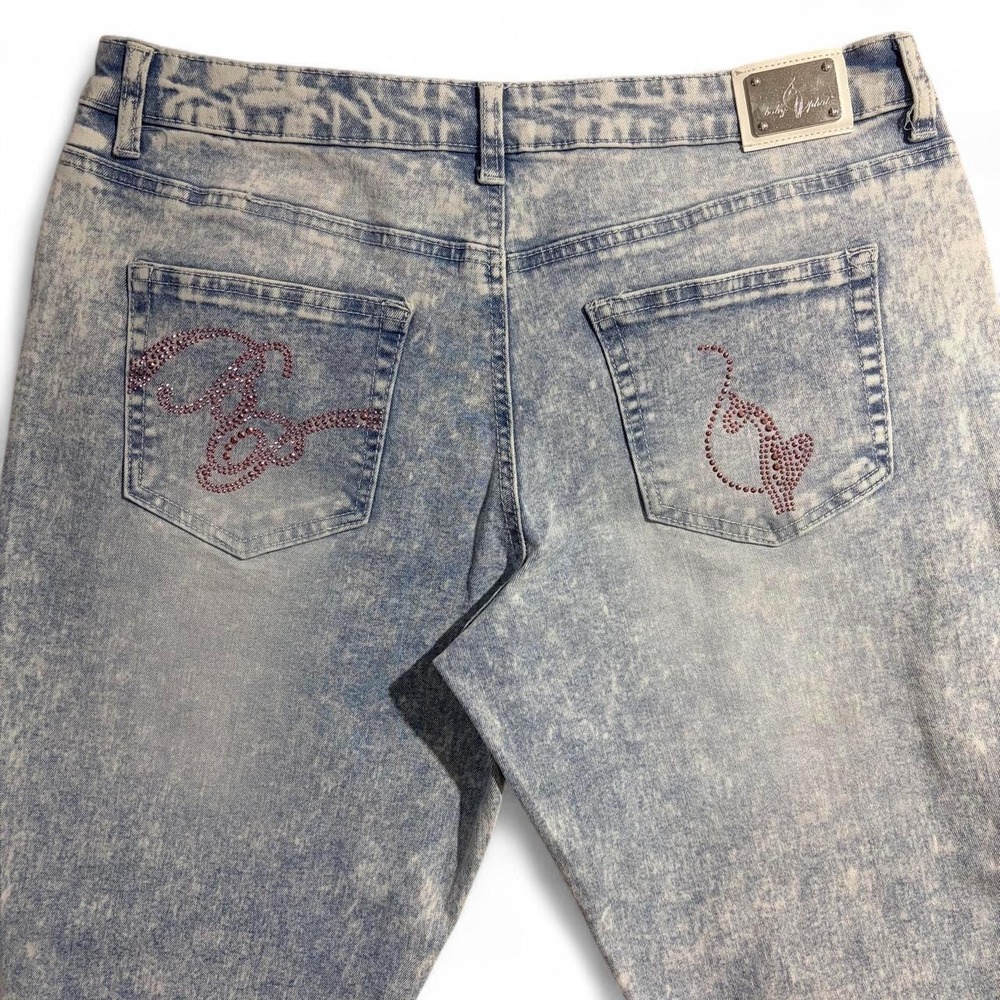 Baby Phat Womens Wide Leg Jeans Blue Acid Wash Pink Rhinestone Embellished Sz 11